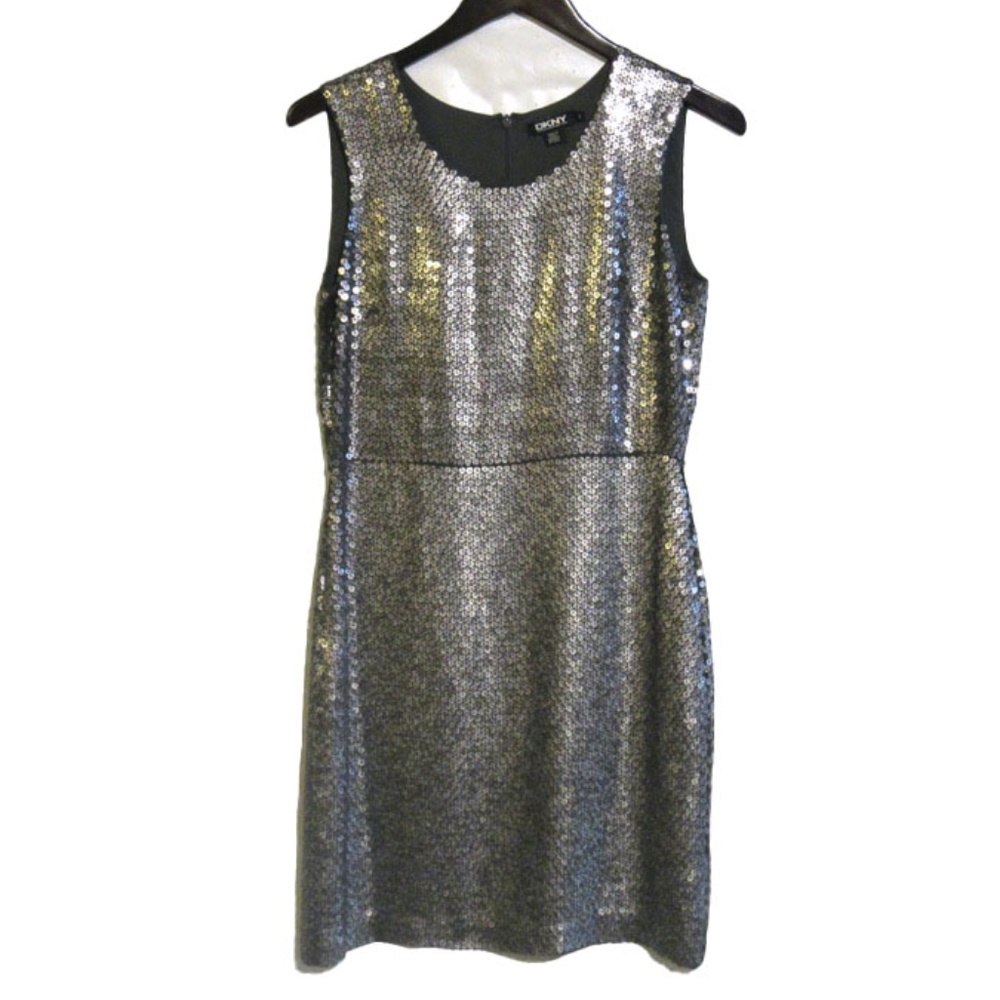 DKNY Silver Zinc Sequin Silk Shift Cocktail Dress